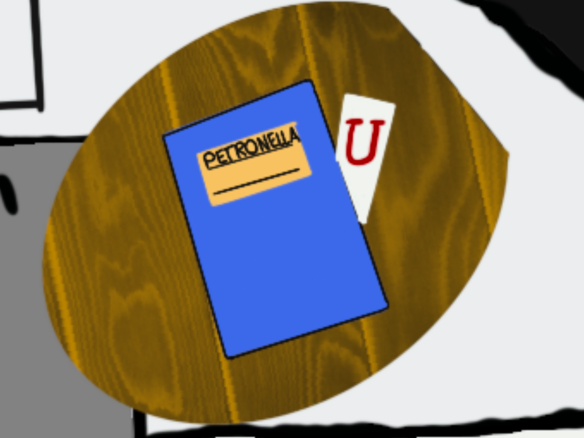 Lucka 3: Petronellas anteckningsbok med lappen som ramlade ut..